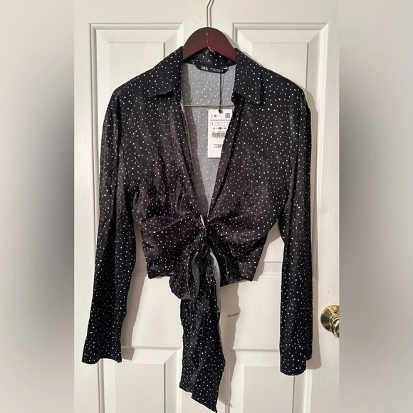 NWT ZARA Black Blouse White Mini Polka Dots Long Sash Wrap Top Collar LARGE - Picture 3 of 12